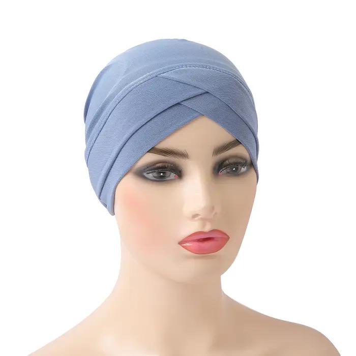H117 front croisé musulman Turban couleur Pure extensible intérieur Hijabs pour casquettes prêt à po
