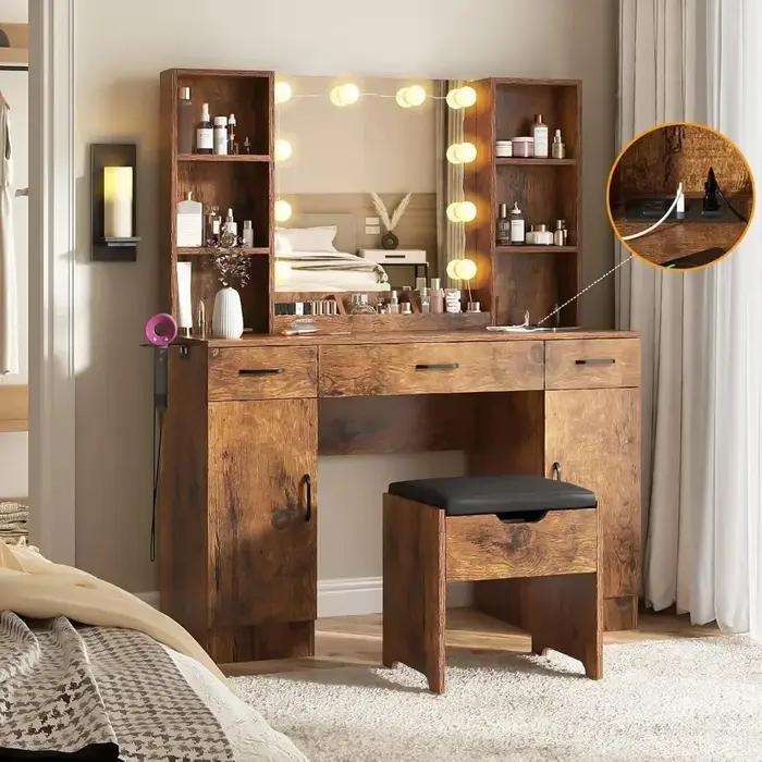 Grande table de maquillage avec miroir éclairé et multiprise – 3 modes d'éclairage réglables, beauco