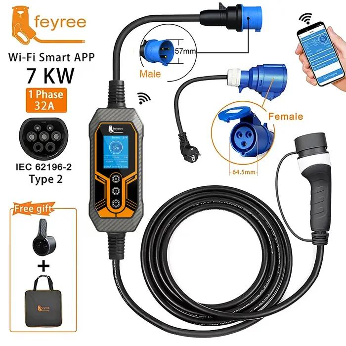 Feyree chargeur EV Portable Type2 32A 7KW EVSE Wi-Fi APP contrôle courant réglable synchronisation i