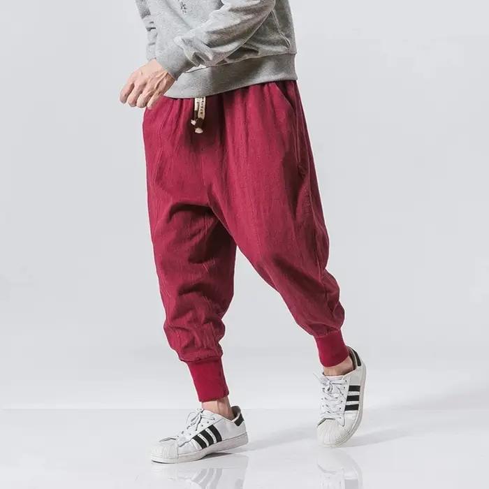 Pantalon sarouel en coton et lin pour hommes, couleur unie, taille élastique, Streetwear, jogging, B