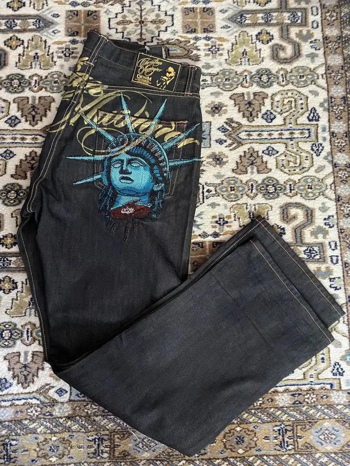 Jeans larges Harajuku Y2K à motifs diamants, pantalon décontracté en denim des années 2000, jean dro
