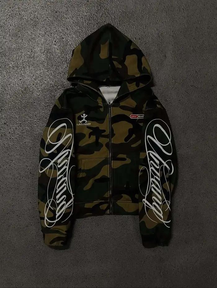 Sweat-shirt à capuche avec fermeture éclair pour hommes et femmes, mode streetwear, broderie camoufl
