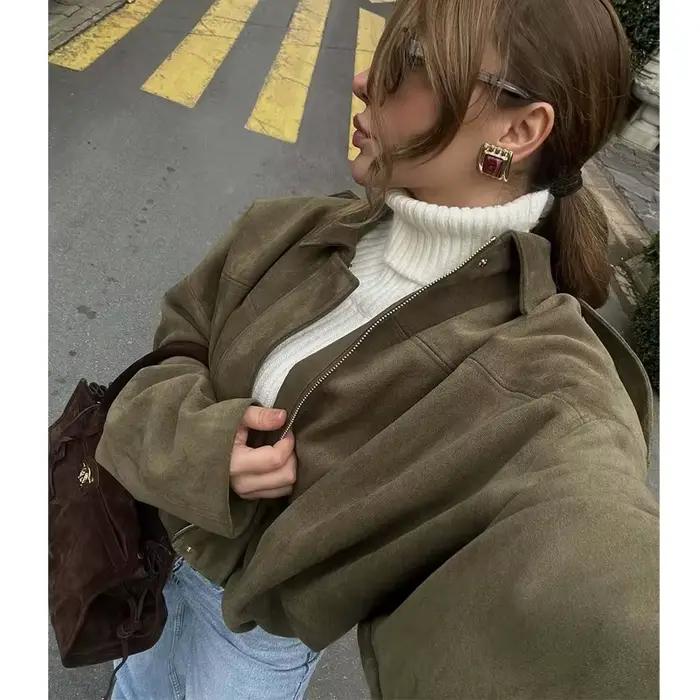 MUJER 2025 vestes bombardier en daim pour femmes vêtements d'extérieur veste surdimensionnée femme S