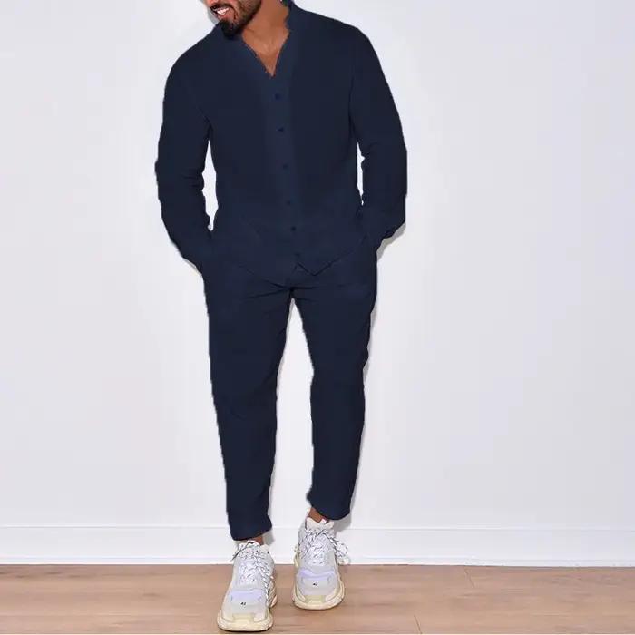 Ensemble chemise respirante à manches longues pour hommes, 100% coton, couleur unie, pantalon décont