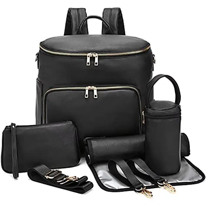 Sac à dos à langer en cuir pour femme, sac à dos de voyage pour bébé, grande capacité avec sangles d
