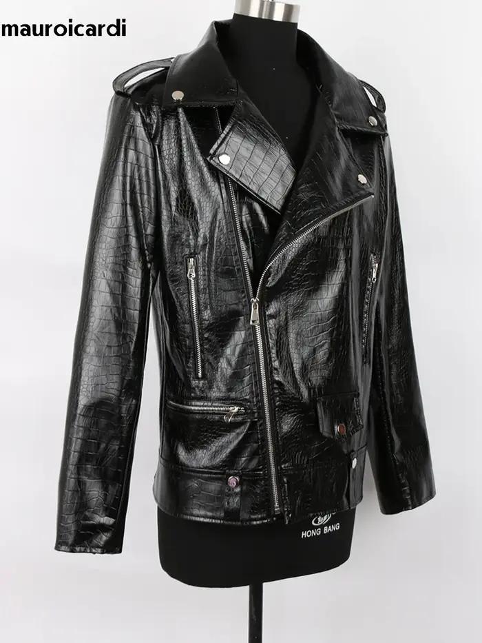 Mauroicardi-Veste de motard en similicuir à motif crocodile rouge pour homme, manches longues, ferme