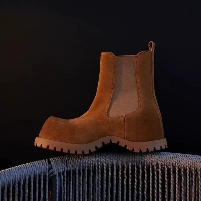 Bottines en daim marron et noir à bout rond large, à enfiler, avec sangle élastique, tendance automn
