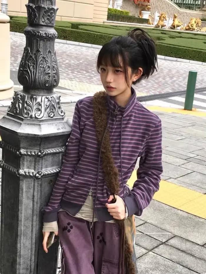 Tonngirls Y2k sweats japonais femmes à manches longues rayé col montant sweat haute rue graphique ma