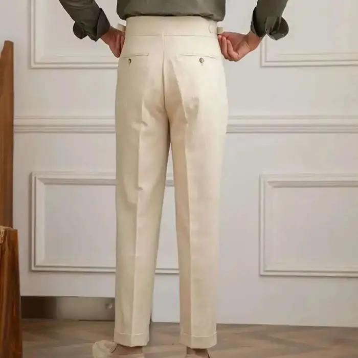 Pantalon en lin et coton taille haute pour homme, pantalon droit décontracté, pantalon plissé pour g