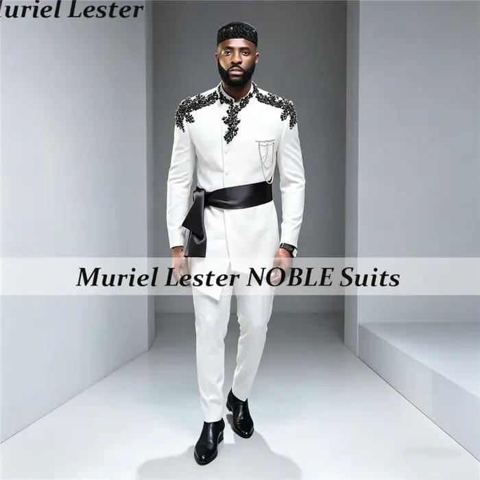 Costume de Mariage Exclusif pour Homme avec Appliques Perlées, Blazer et Pantalon 2 Pièces, Sur Mesu