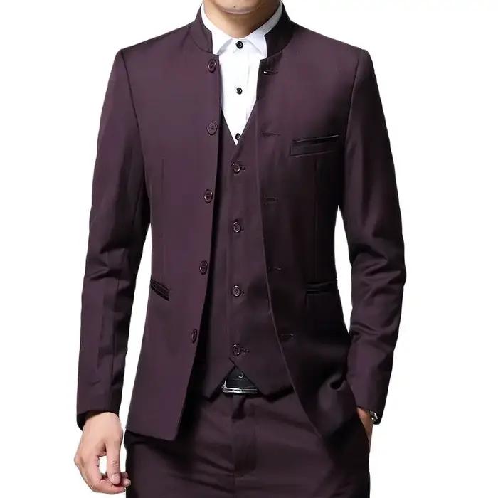 3 pièces noires à col montant pour hommes, veste blazer et gilet pour fête de mariage avec pantalon,
