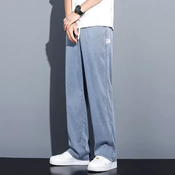 Jean d'été en tissu Lyocell doux pour homme, coupe droite ample, taille élastique avec cordon de ser