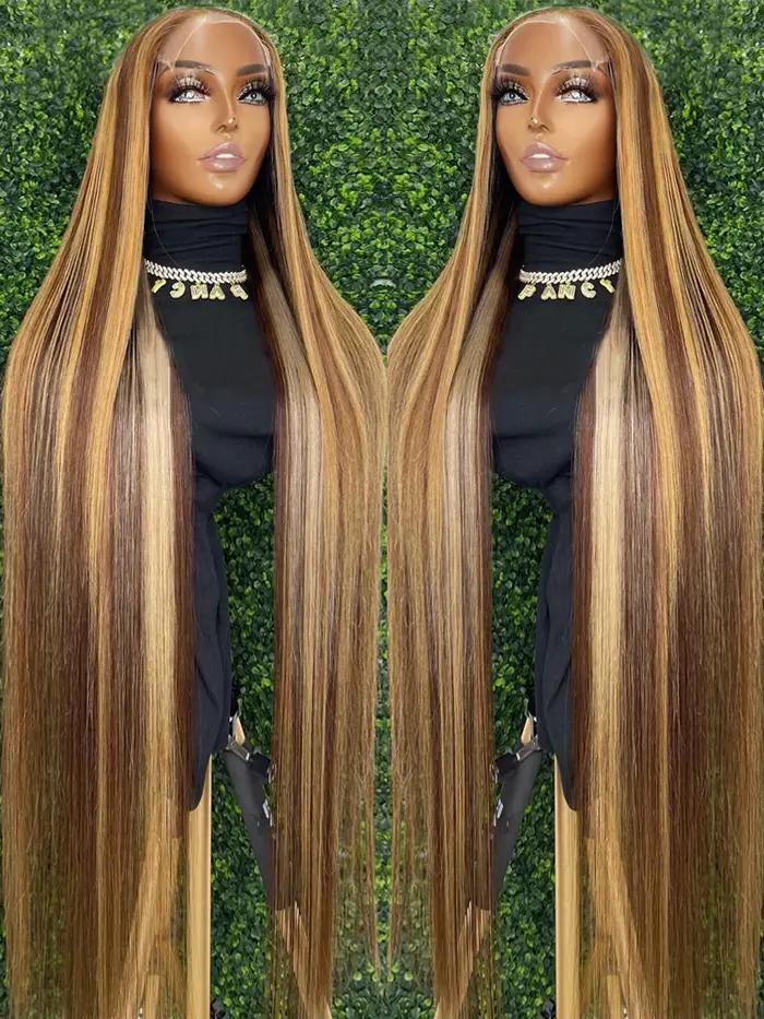 Perruque Lace Front Wig sans colle naturelle ombrée, cheveux lisses, blond miel, 13x6 HD, 30 34 pouc
