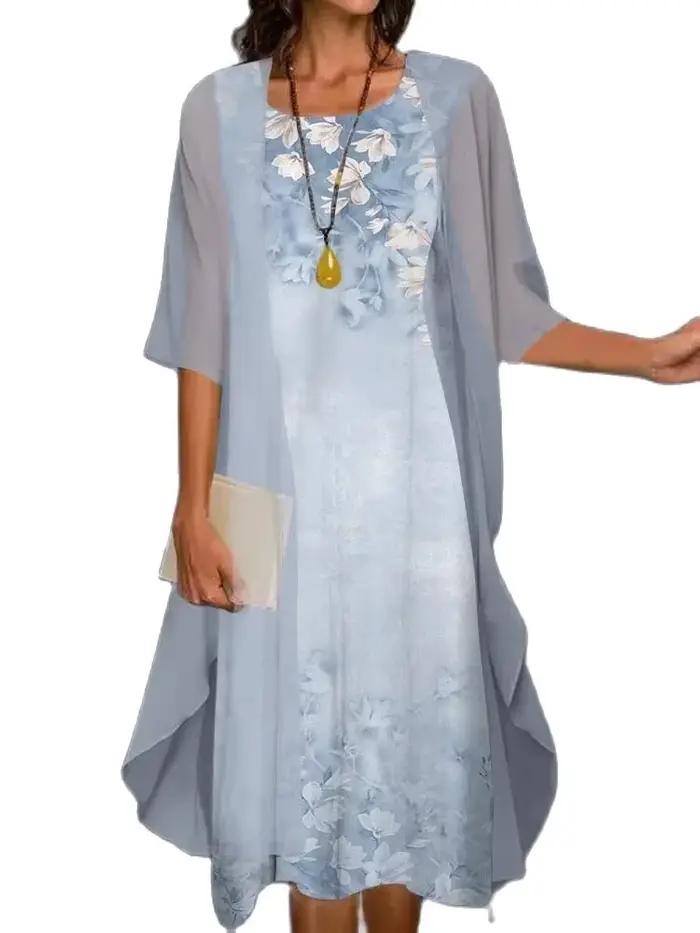 Robe d'été en mousseline de soie pour femmes, sans manches, col rond, imprimé, ample, pour soirée +