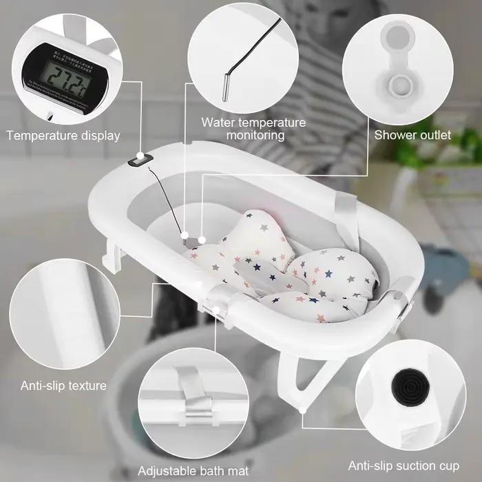 Baignoire bébé pliable avec thermomètre - Baignoire portable tapis de bain pour nouveau-nés 0-36 mois
