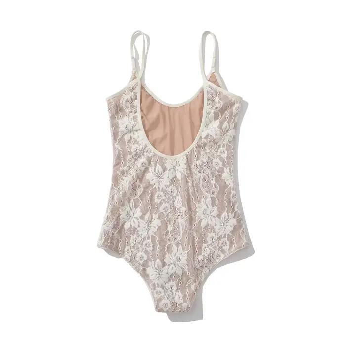 Sexy voir à travers la dentelle avec doublure dos nu Spaghetti sangle body femme fronde serré combin