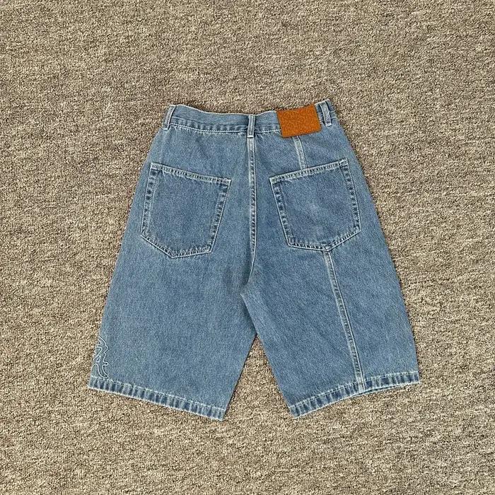 Short en Denim pour hommes, Streetwear, avec lettres brodées, droit, bleu délavé, Baggy, longueur au