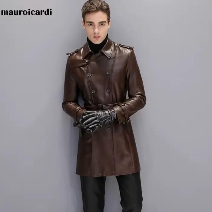 Mauroicardi automne noir Faux cuir Trench manteau hommes à manches longues ceinture Double boutonnag