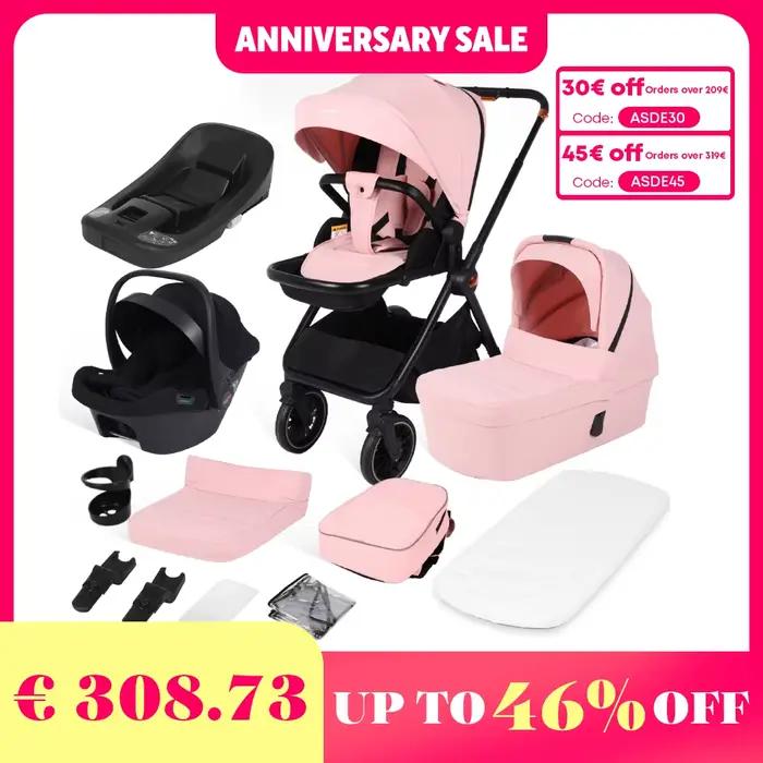 Poussette bébé 4 en 1 avec siège auto pour bébé et base ISOFIX, poussette réversible multifonctionne