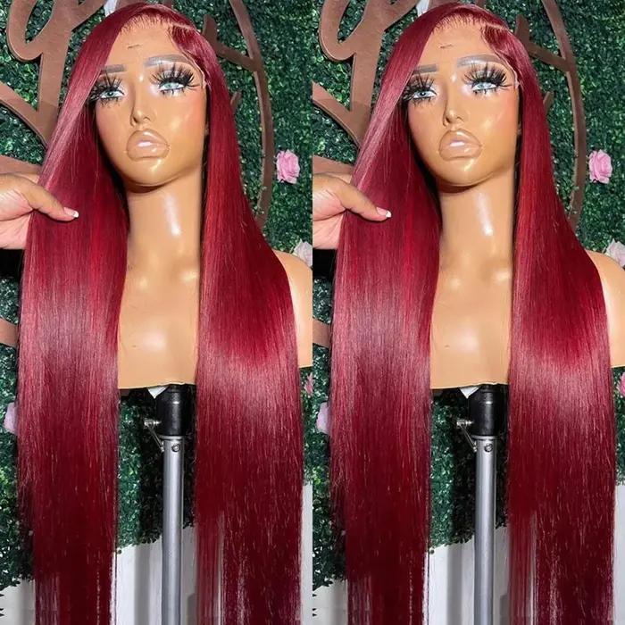 13x6 HD Transparent couleur dentelle avant perruques de cheveux humains 99J couleur bordeaux perruqu