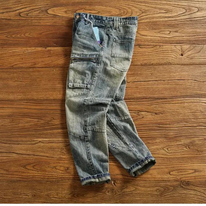 Machete épissage moto jean hommes américain vintage lavage pour faire vieux mince petite jambe droit