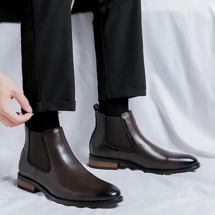 Bottes Chelsea pour hommes à bout pointu, chaussures en cuir polyvalentes à tige haute, style rétro