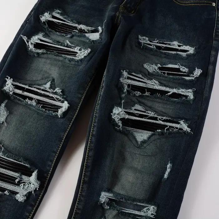Jean en Denim pour hommes, patchs en cuir noir, Streetwear, pantalon slim conique, trous déchirés, p