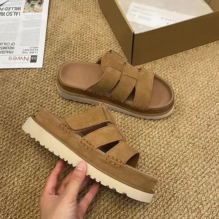 Sandales compensées décontractées en cuir de vachette givré à semelle épaisse pour femme – Idéales p