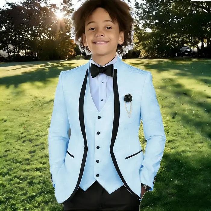 Costume Jacquard Blanc pour Garçon, Tenue de Cérémonie pour Mariage, Smoking à Col Montant, Vêtement
