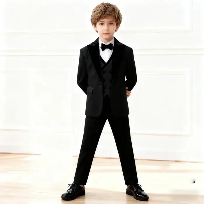 Ensemble de smoking élégant 4 pièces noir pour garçon : blazer, gilet, pantalon – Tenue de cérémonie