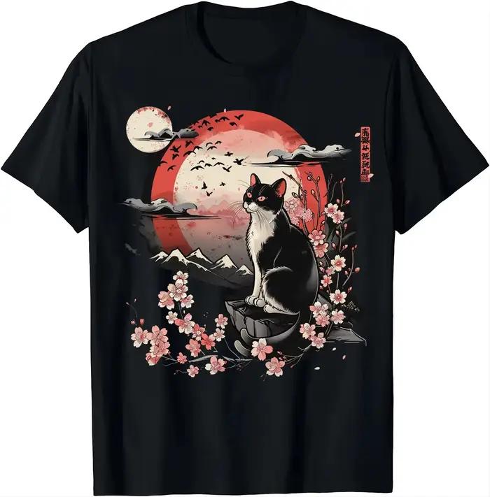 T-shirt pour femme avec motif de chat d'anime mignon, style rétro japonais, motif de chat amusant, T