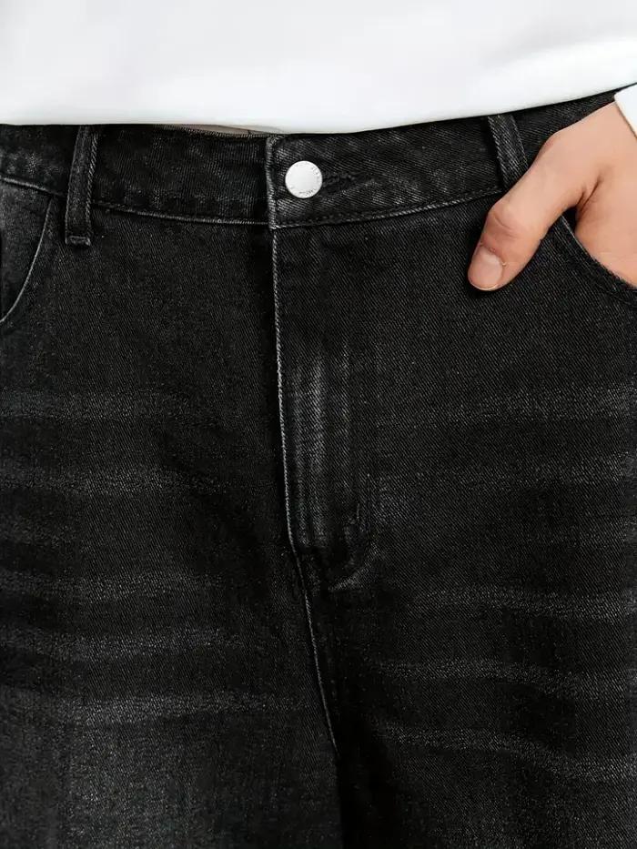 Jean à jambes larges en denim noir coupe ample pour hommes avec détails de lavage brut – Vêtements c