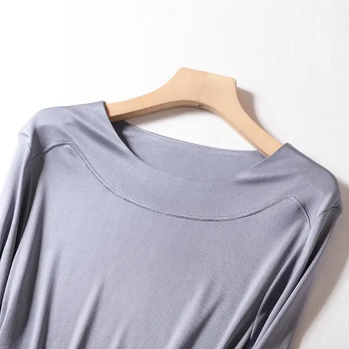 T-shirts en soie véritable Birdtree pour femme, col rond, uni, décontracté, manches longues, basique