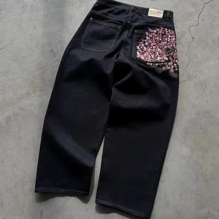 Y2K Baggy jeans fleur de cerisier lisière broderie Denim pantalon hommes femmes
