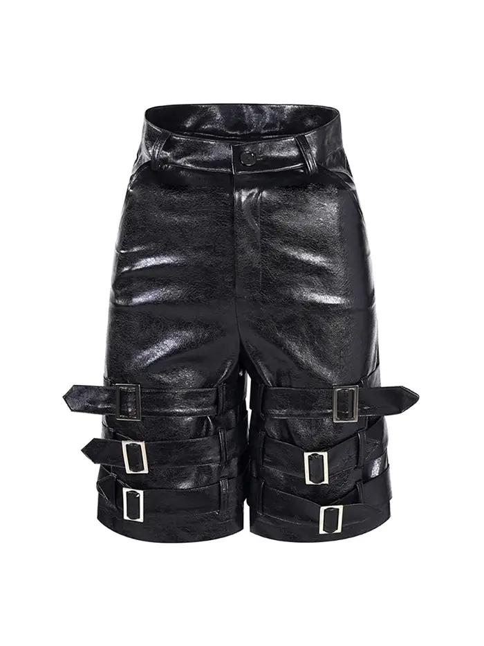 Mauroicardi printemps été noir Pu cuir Shorts pour hommes avec de nombreuses ceintures hommes avec t