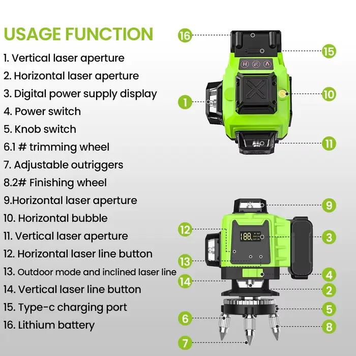 Niveau Laser 4D 16 lignes, ligne verte, auto-nivelant 360 horizontal et vertical, niveau Laser Super