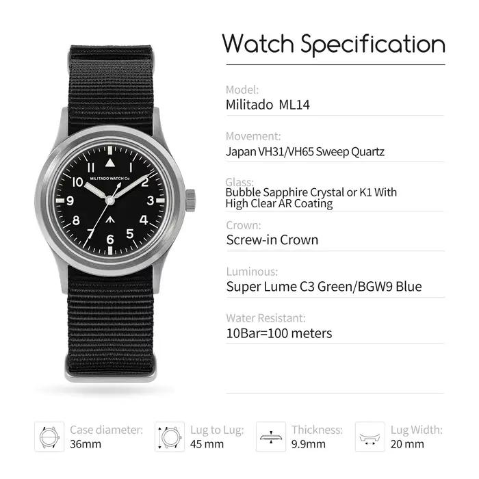 Militado ML14 36mm montre VH31 balayage deuxième mouvement à Quartz montre saphir cristal Super lumi