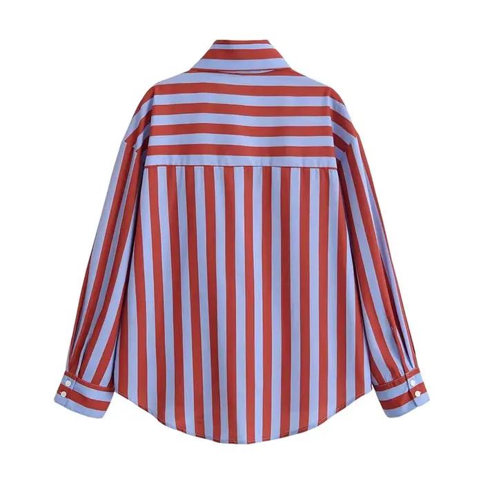 Chemise à rayures verticales rouges et bleues pour femmes, avec col noué, manches longues, ourlet in