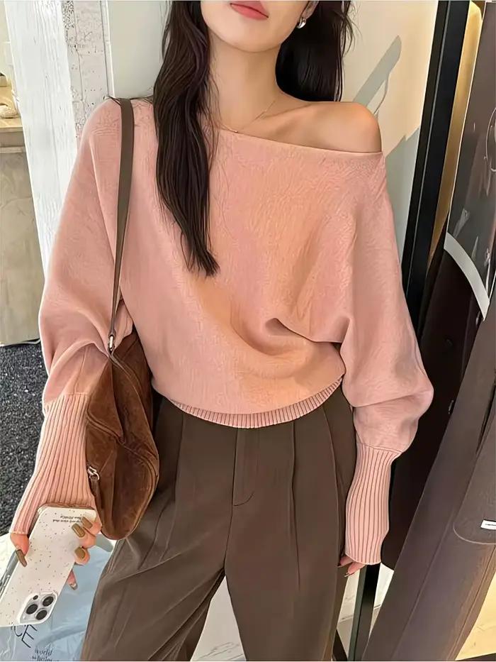 Batwing – Pull tricoté à manches longues pour femme, haut épais à épaules dénudées, mode coréenne, a