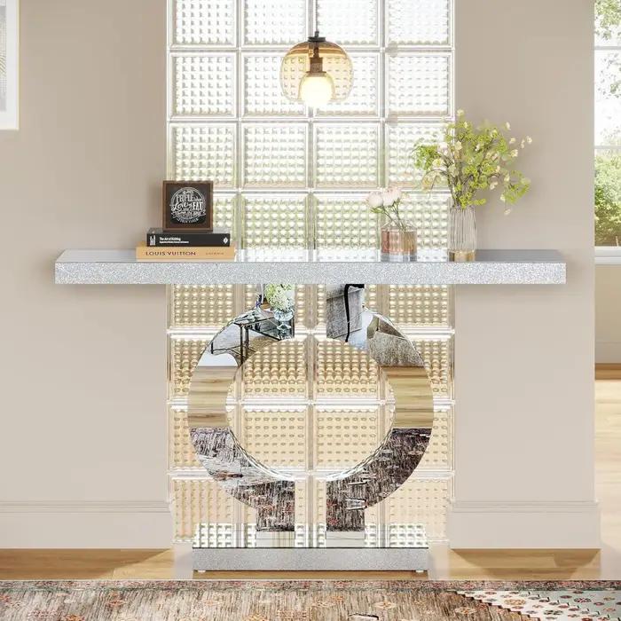 Table console en miroir avec base en forme de O, table d'entrée, table de canapé en verre avec finit