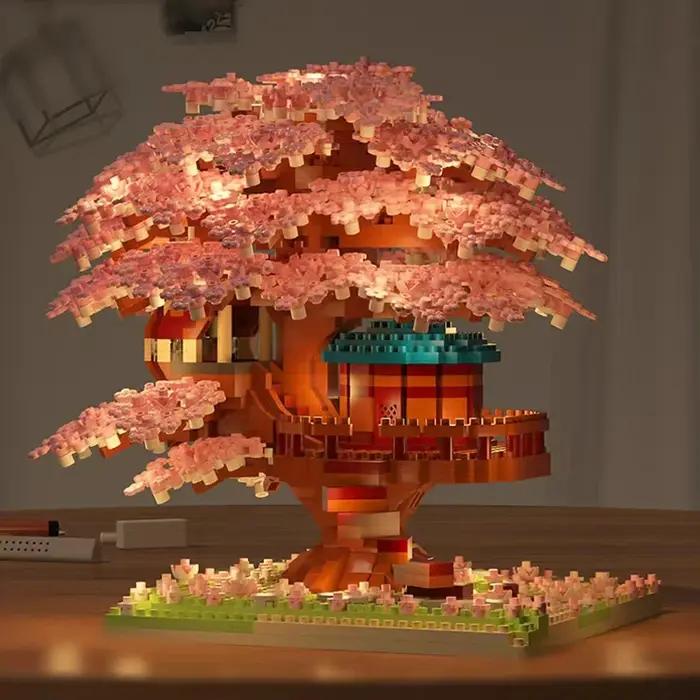 Ensemble de blocs de construction d'arbre de cerisier DIY, briques de cerisier en fleurs avec lumièr
