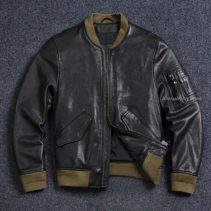 Bomber Ma-1 veste en cuir véritable hommes manteau en peau de mouton tanné naturel Vintage Air Force