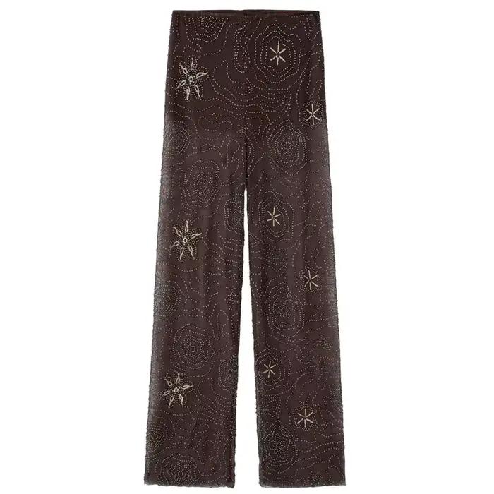 HXAO pantalons pour femmes printemps été 2025 perles marron pantalon paillettes translucides taille