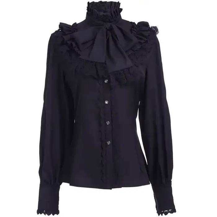 Chemisier Élégant Gothique pour Femme, Nouvelle Collection Printemps 2026, Col Montant à Volants, Bo