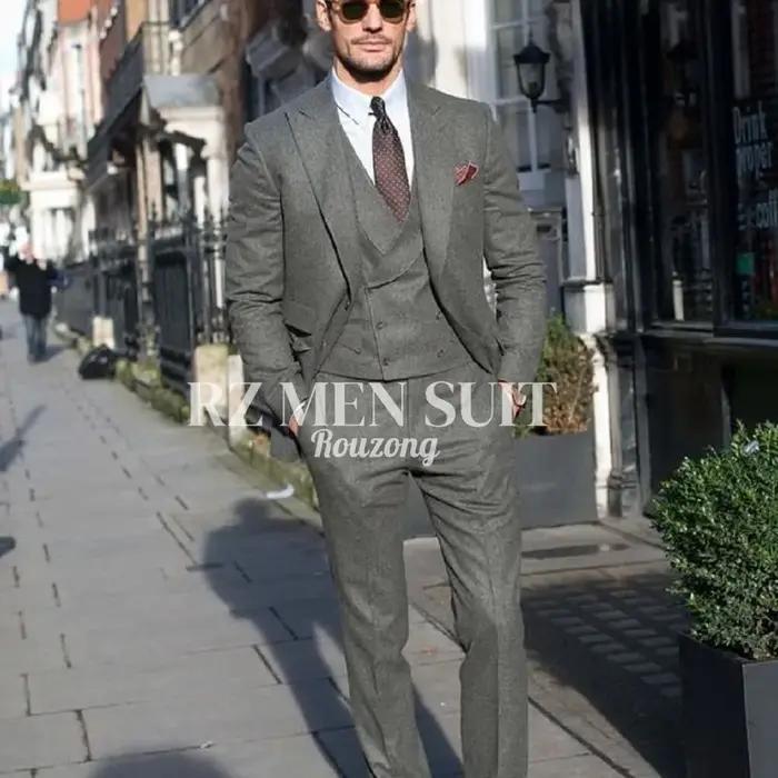 Costumes en tweed pour hommes, 3 pièces, en tweed à chevrons, coupe ajustée, blazer croisé, smoking,