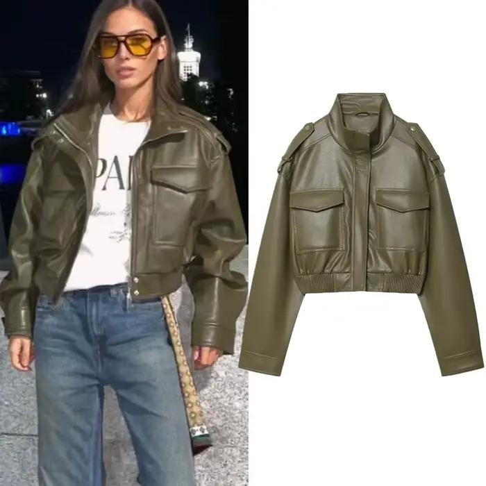 Veste femme veste simili cuir vert femme Demi-saison veste d'extérieur femme automne nouveau dans ma