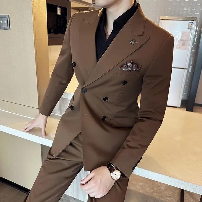 (Blazer + pantalon) mode Double boutonnage Design mince costume pour hommes Style italien de luxe ma