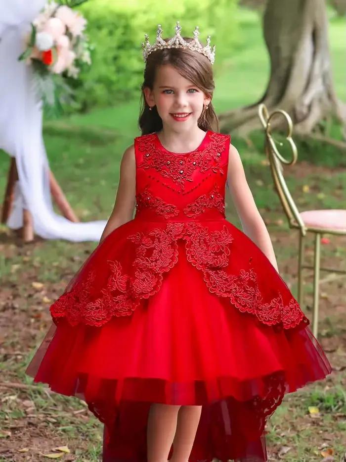 Robe cérémonie fille dentelle perles 2026 - Tenue princesse brodée toutes saisons enfants