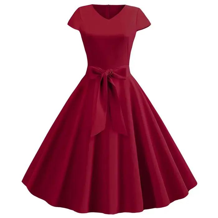 Robe d'été Vintage pour femmes, avec ceinture, manches courtes, col en V, élégante, rétro, robes de