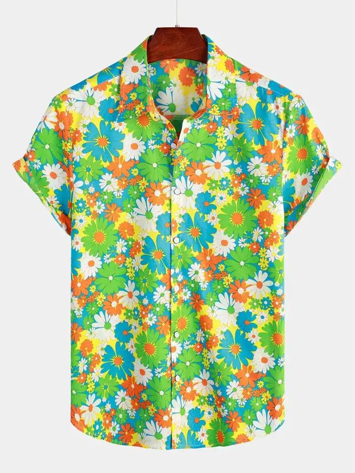 Hommes rayé décontracté vacances à manches courtes Orange été chemise boutonnée chemise hawaïenne ét
